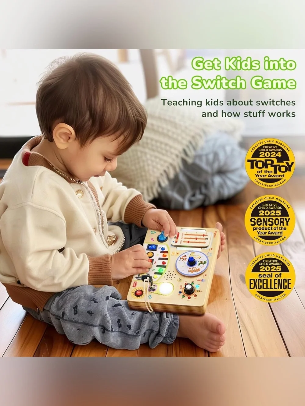 JOYCAT Wooden Busy Board Activity Toy with LED Light - Natural Wood